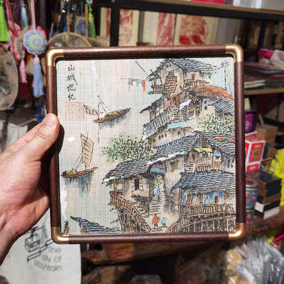 夏布手绘吊脚楼胡桃木拼金属框每件独品