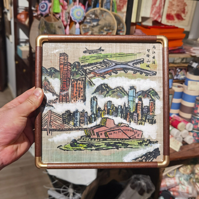 两江新区纪念品夏布版画两江云涌胡桃木拼金属框