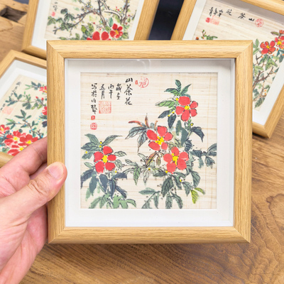 夏布山茶花或吊脚楼小画摆件17*17CM（单幅）