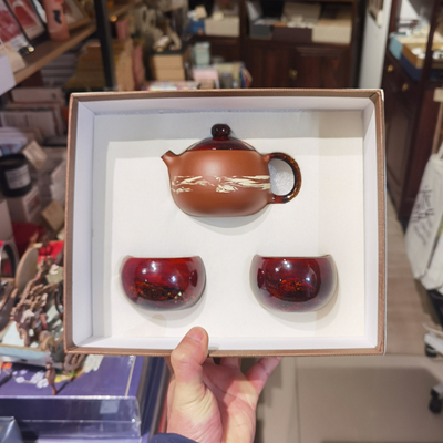 双非遗荣昌陶+漆艺茶具（壶+双杯）